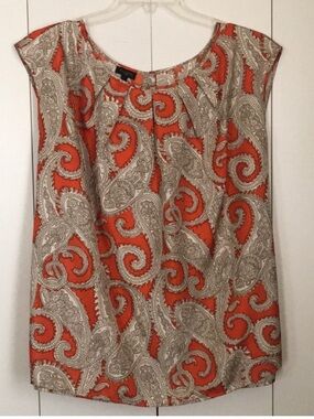 Talbots Orange and Brown Paisley Cap-Sleeve Blouse with Back Buttons Size 24W